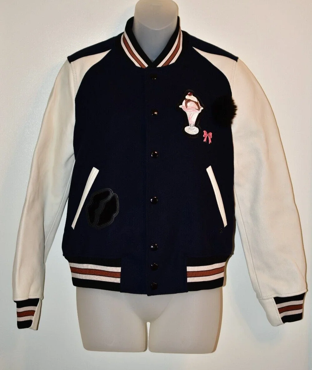 COACH 4 Riverdale Varsity Jacket White Leather Navy Bomber Ice Cream Patch Rare